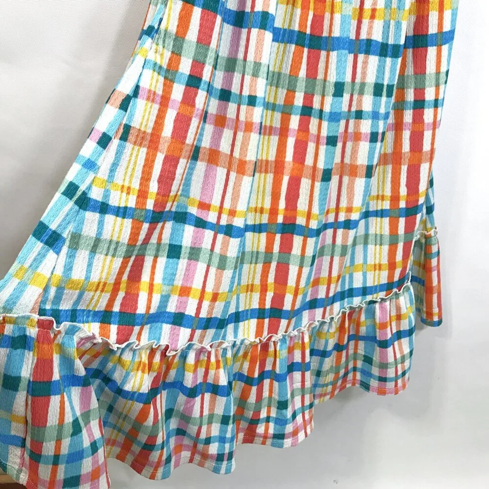 Cato Casual V-Neck Smocked Midi Dress Multi-Color Check Print S - Picture 7 of 10